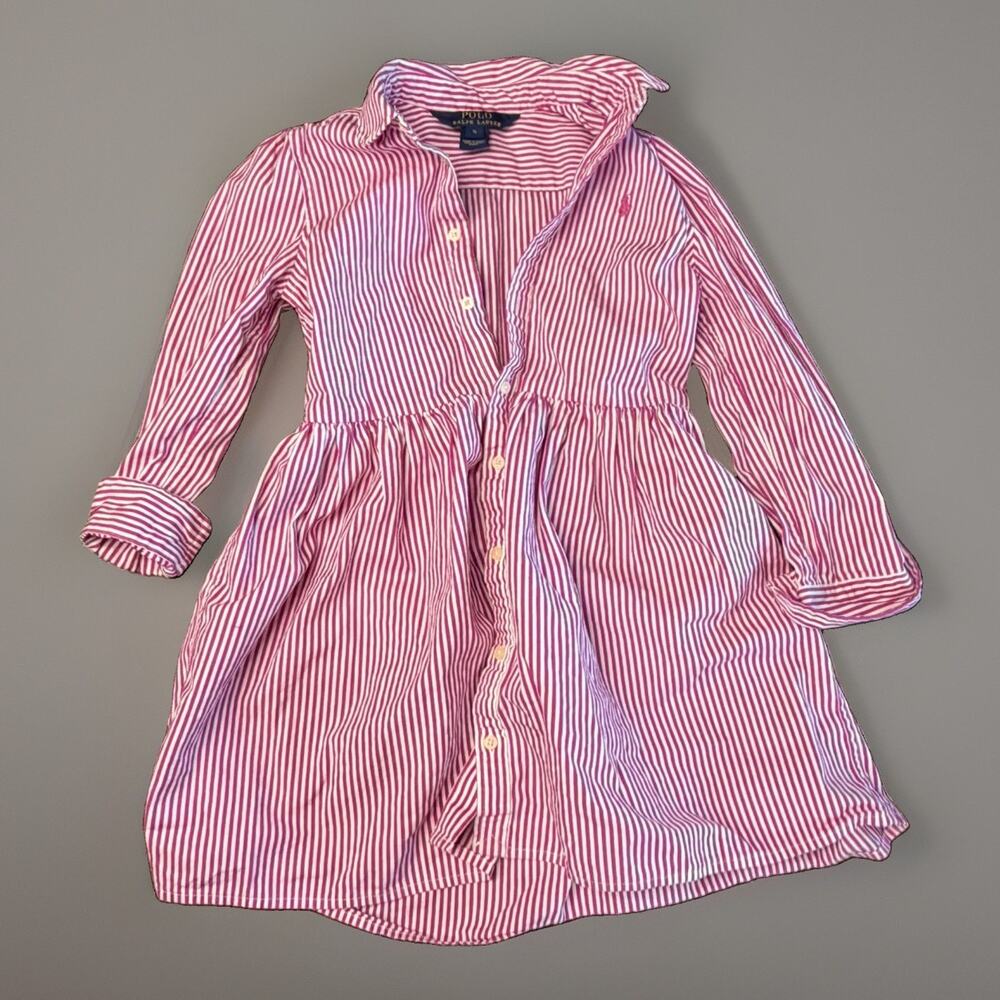Polo Ralph Lauren Girls Size 5 Pink White Stripe Shirt Dress Cotton Pony